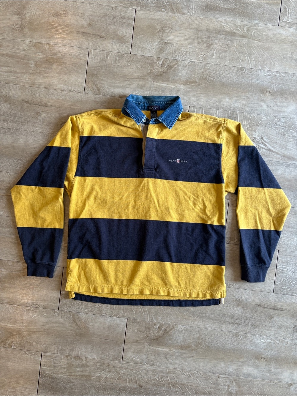Vintage 90’s Gant Yellow & Navy Stripe Rugby Shirt with Denim Collar Size Large